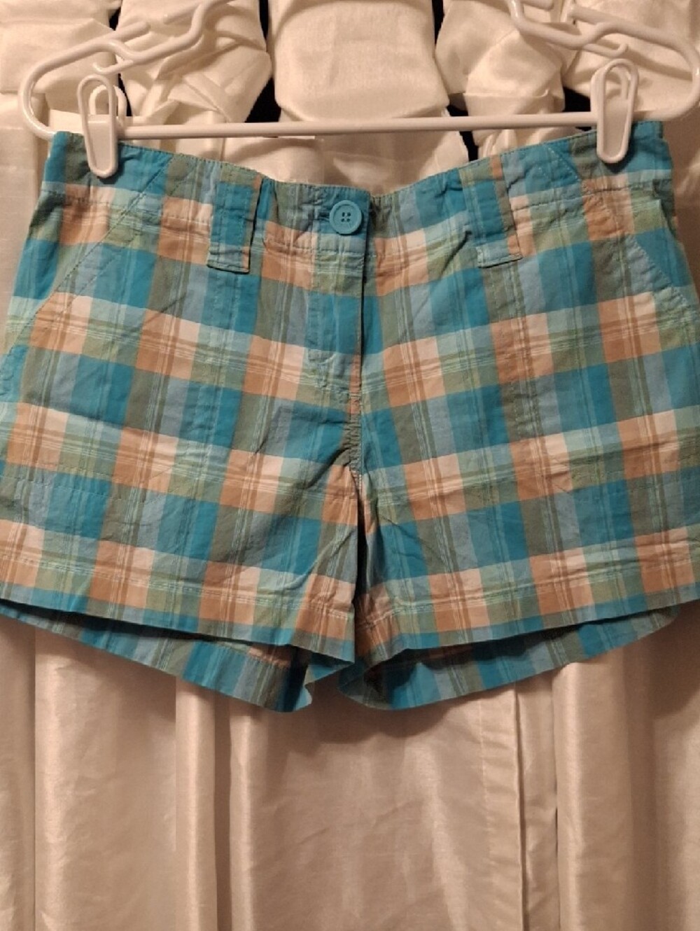 New York & Company Plaid Jean Shorts - Turquoise & Tan - Picture 5 of 7